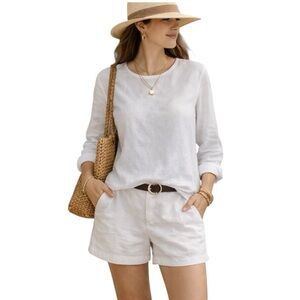 Alfani Linen Blend White Boxy Top - Long Sleeve - Minimalist Resort Top - Medium